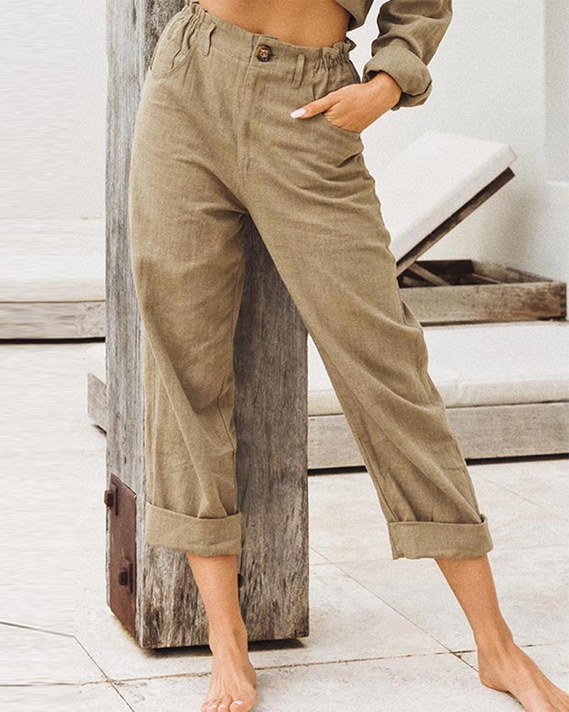 

Solid High Waist Pants, Khaki