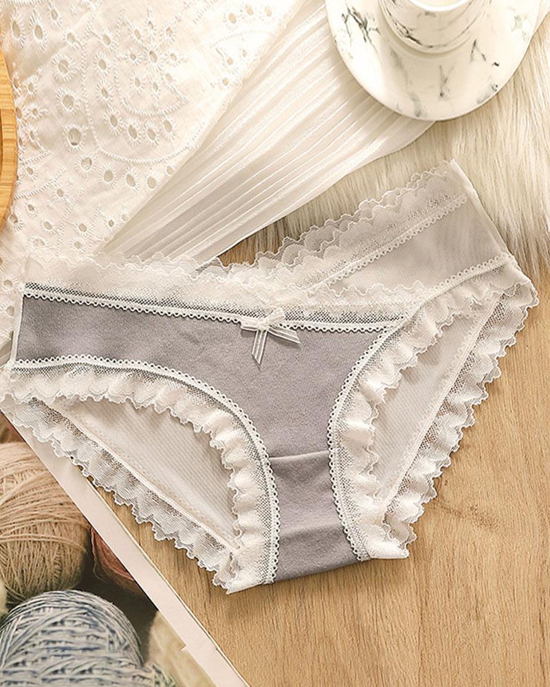 

Lace Trim Bowknot Front Sheer Mesh Panty, Gray