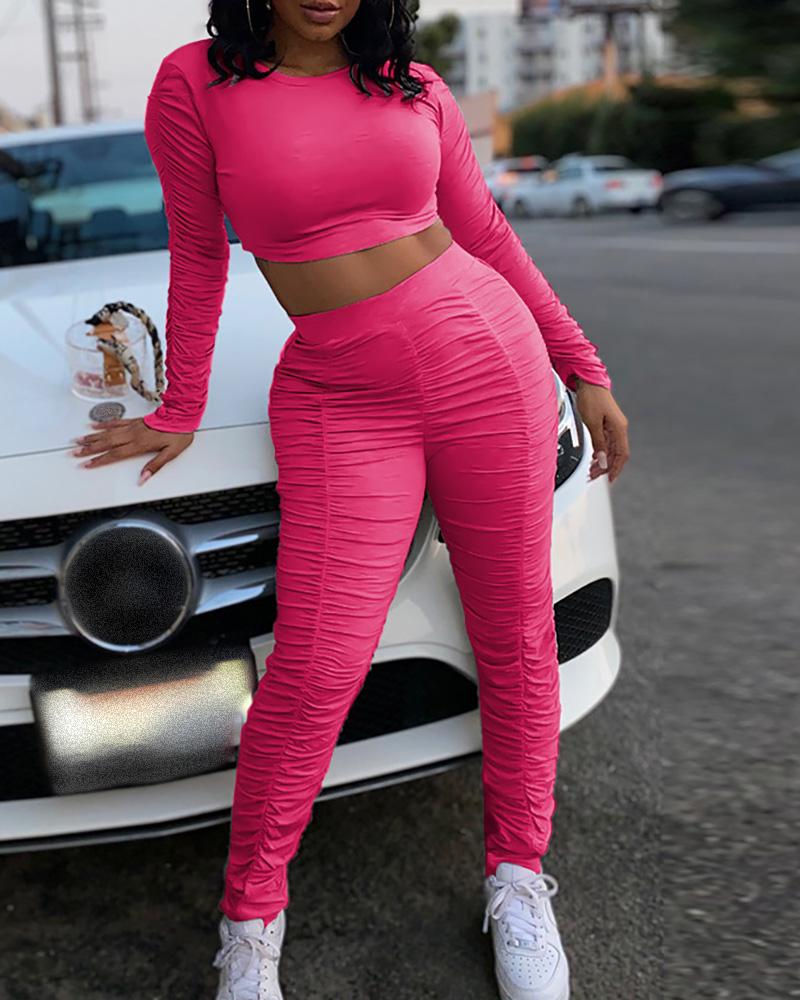 

Plain Round Neck Long Sleeve Top & Pants Set, Hot pink
