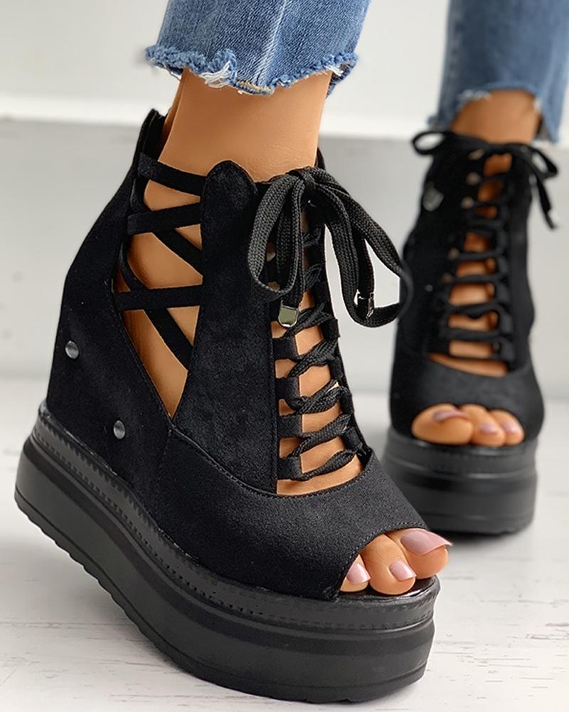 

Peep Toe Lace Up Platform Wedges, Black