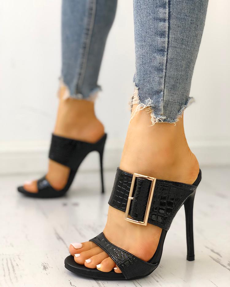 

Solid Snakeskin Buckled Thin Heeled Sandals, Black