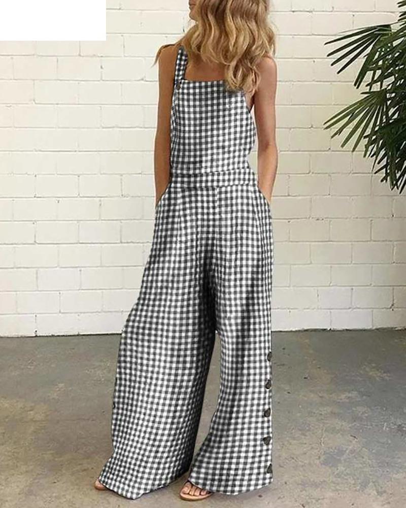 

Plaid Side Button Pocket Design Wide Leg Jumpsuit, Gray