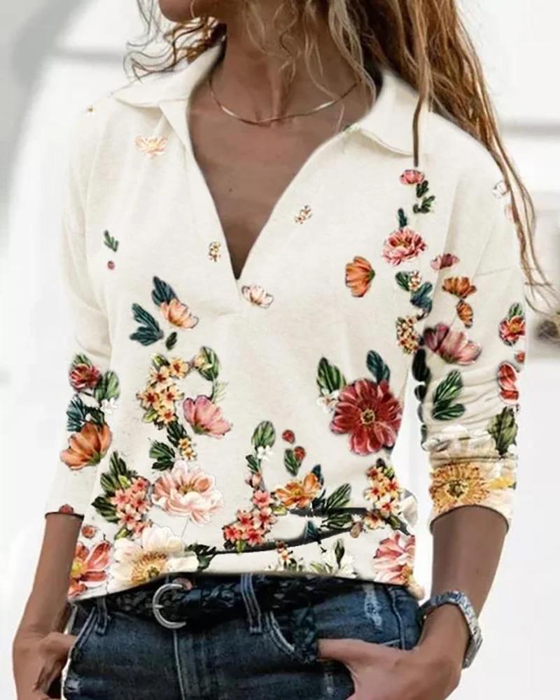 

Floral Print Long Sleeve Women Top, White