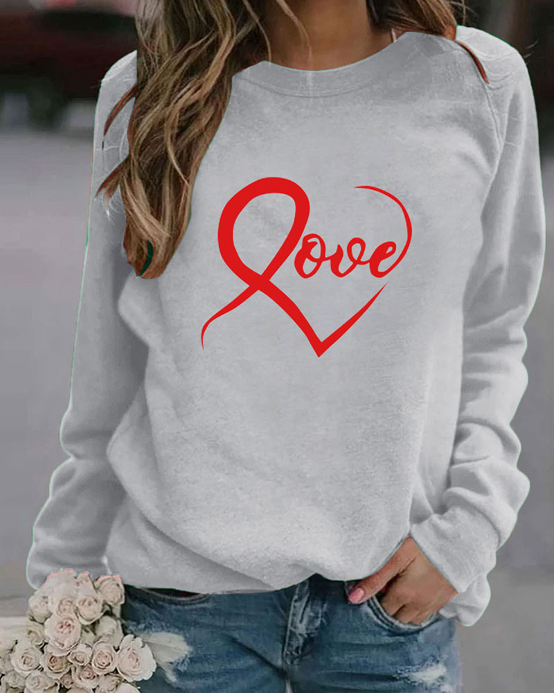 

Letter Heart Print Long Sleeve Sweatshirt, Gray