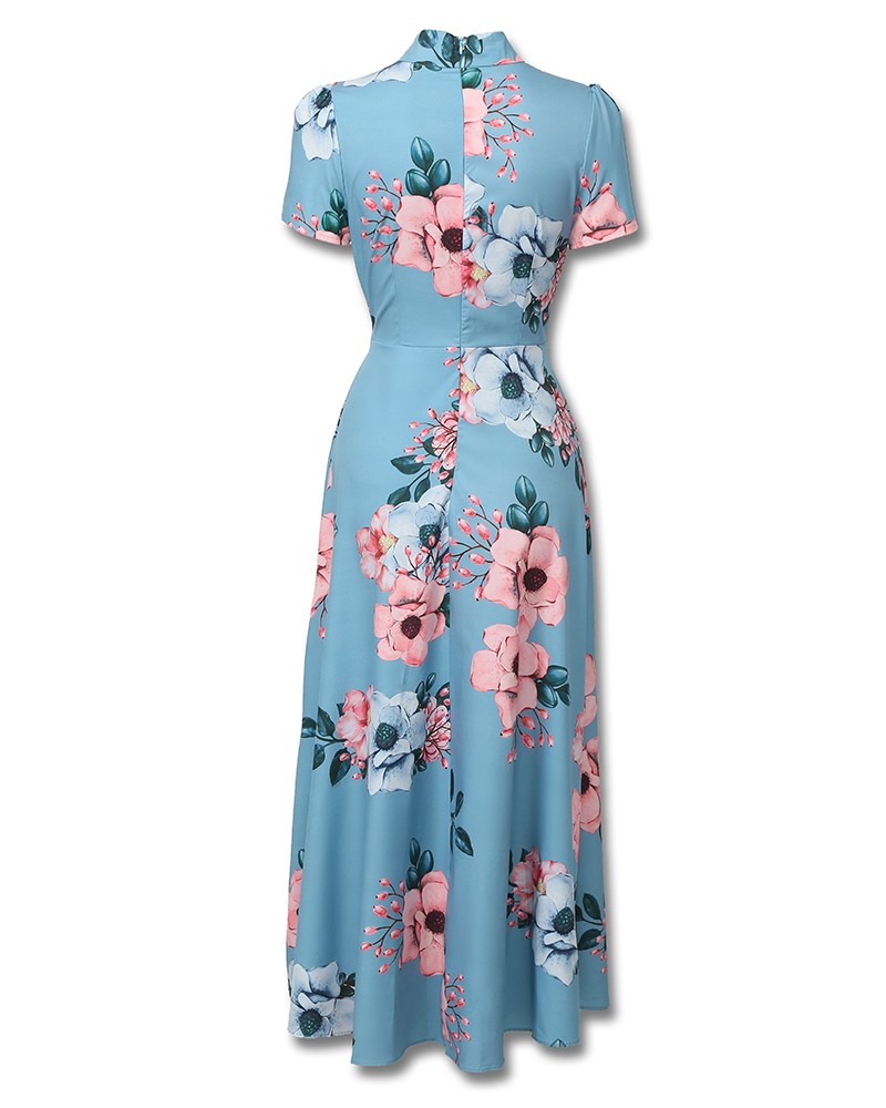 floral print short sleeve tie waist maxi dress