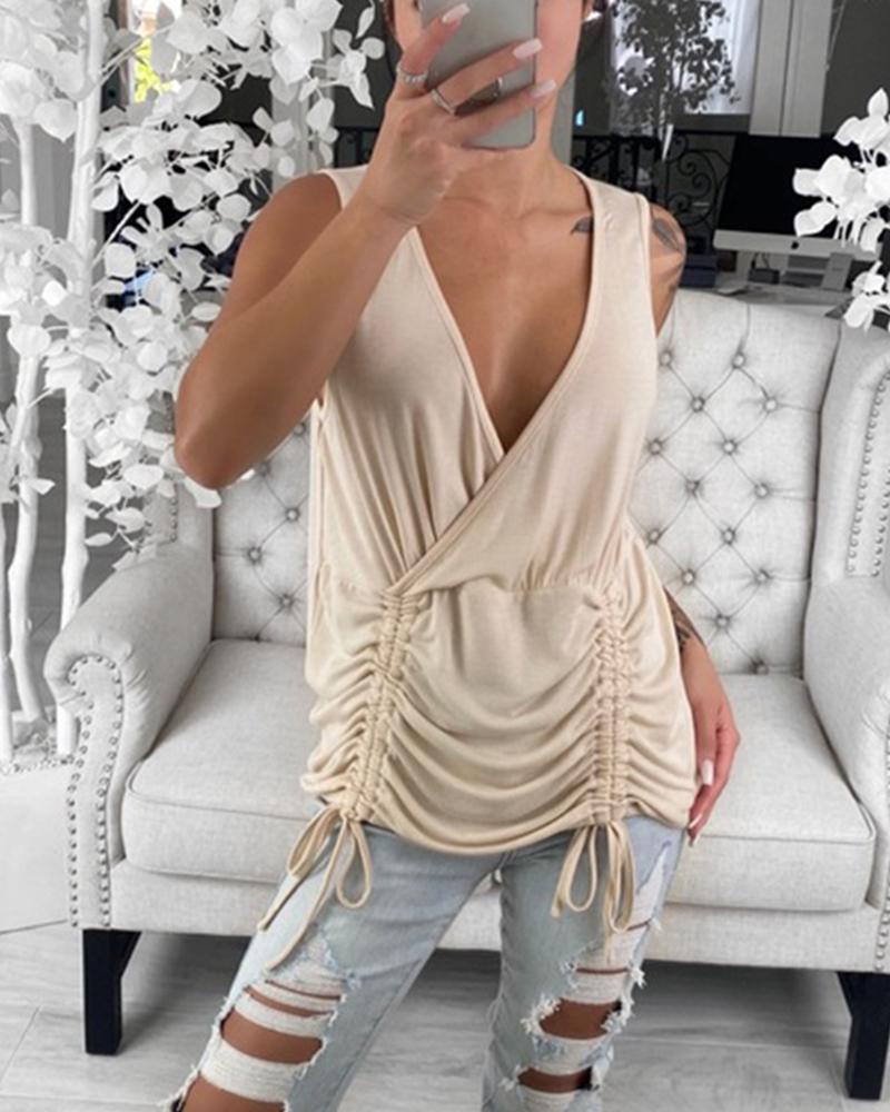 

Solid Strap Sleeveless Loose Ruched Tanks, Apricot