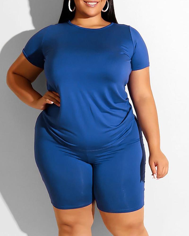 

Solid Round Neck Top & Shorts Set, Blue