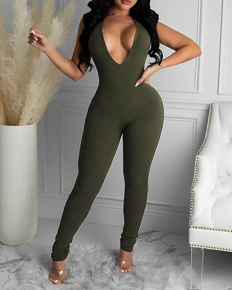 

Plunge Sleeveless Plain Jumpsuit, Green