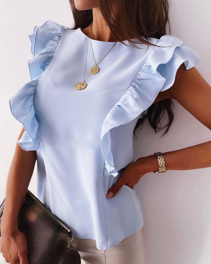 

Ruffles Hem Tie Back Cutout Top, Light blue