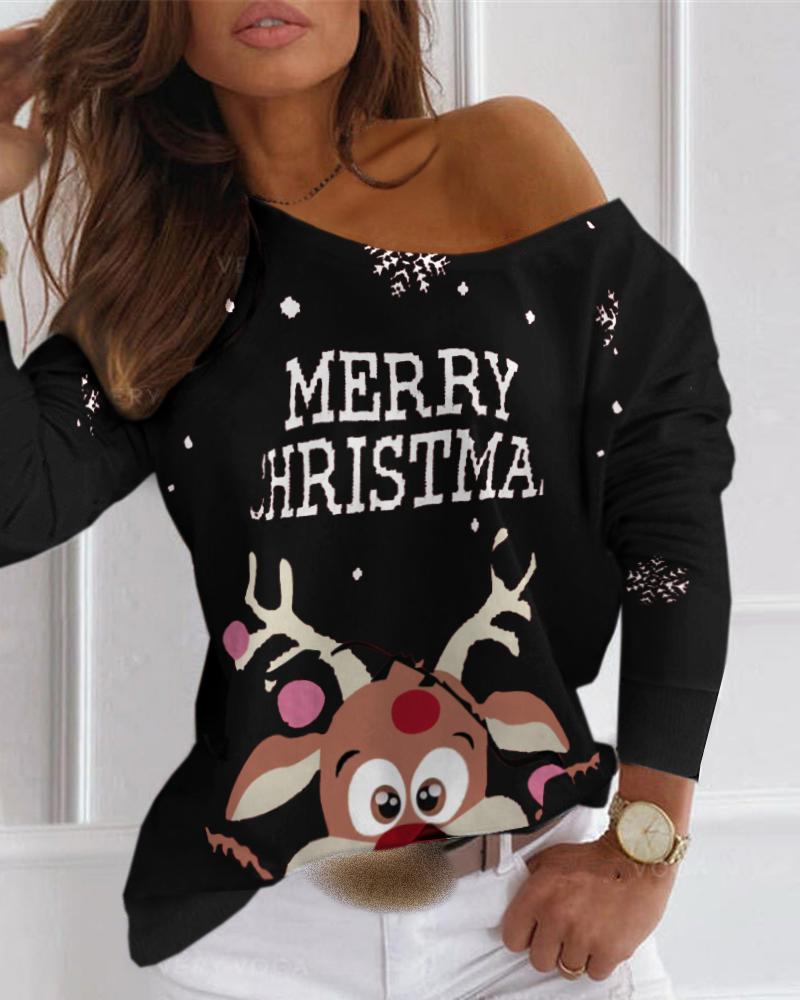 

Christmas Letter Moose Print Long Sleeve T-shirt, Black