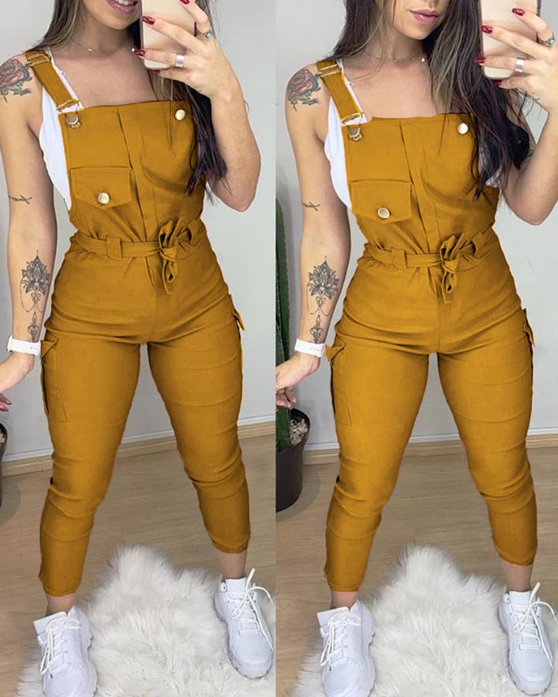 

Pocket Design Plain Suspender Jumpsuit, Yellow