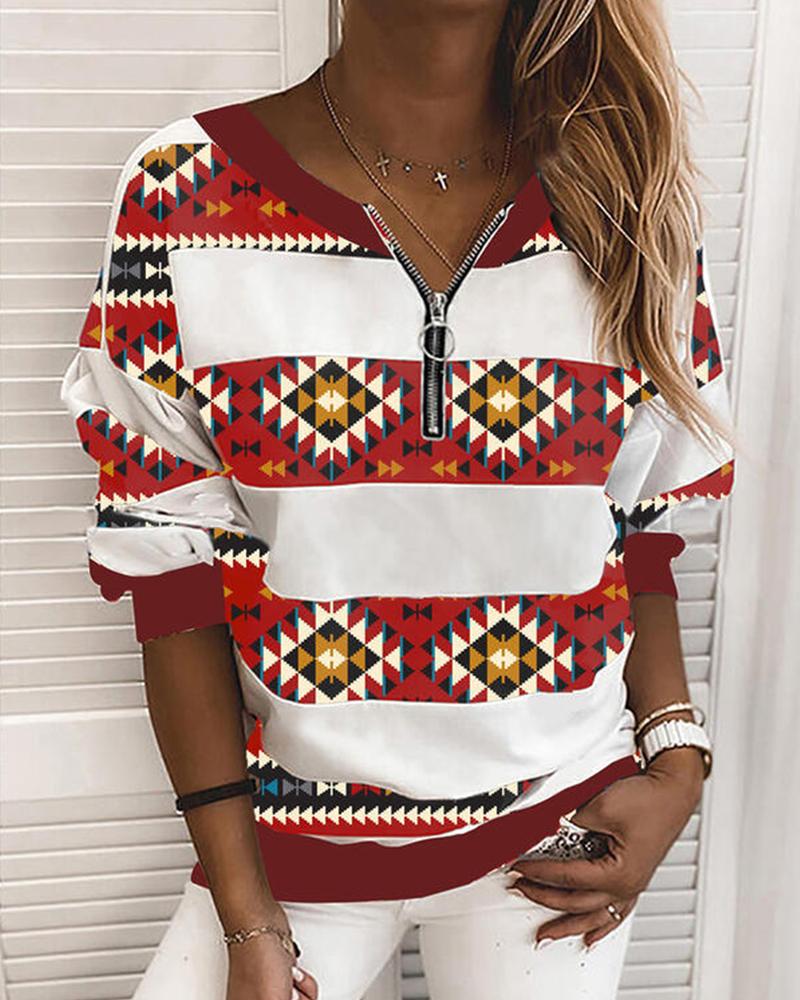 

Striped Splicing Geometry Print Long Sleeve Sweatshirt, Red