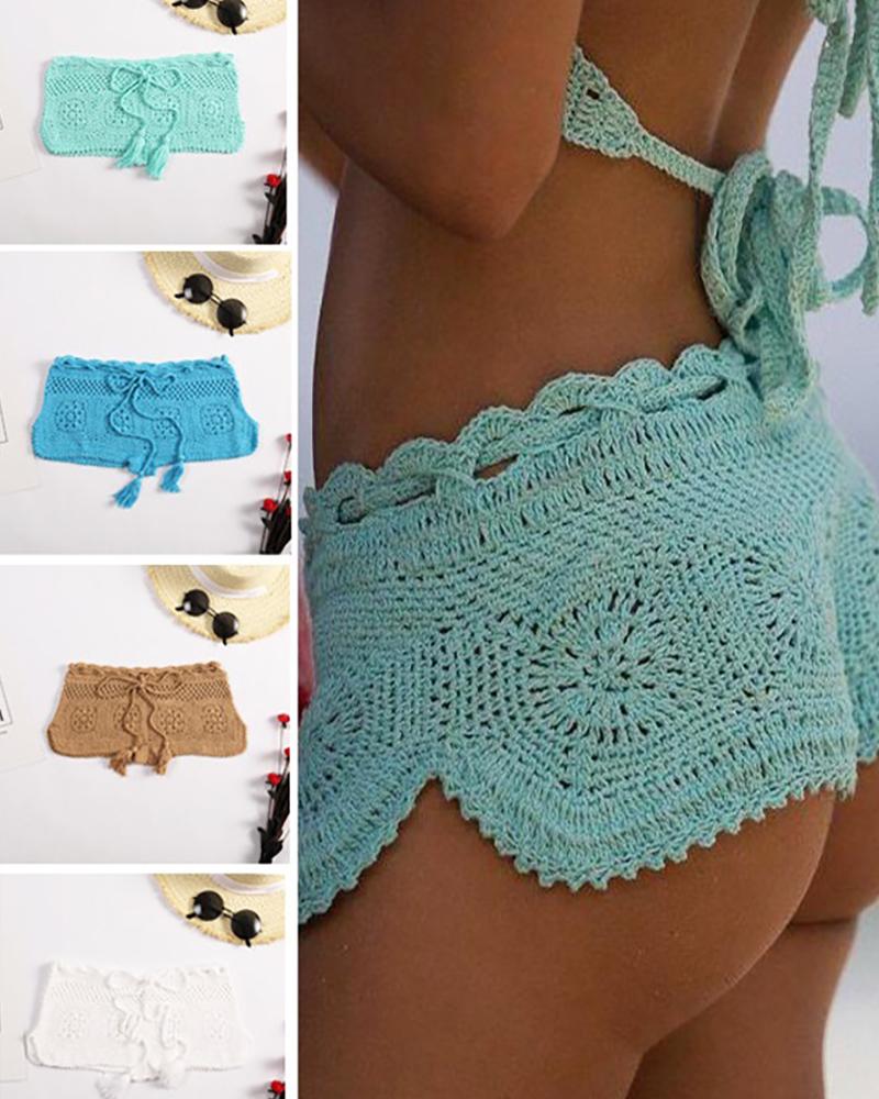 

Drawstring Waist Knitted Bikini Shorts, Light blue