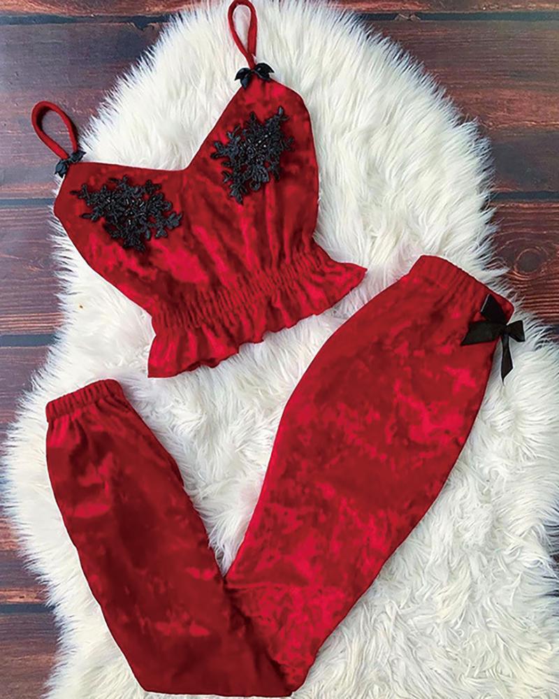 

Bowknot Decor Frill Hem Lace Pajamas Sets, Red