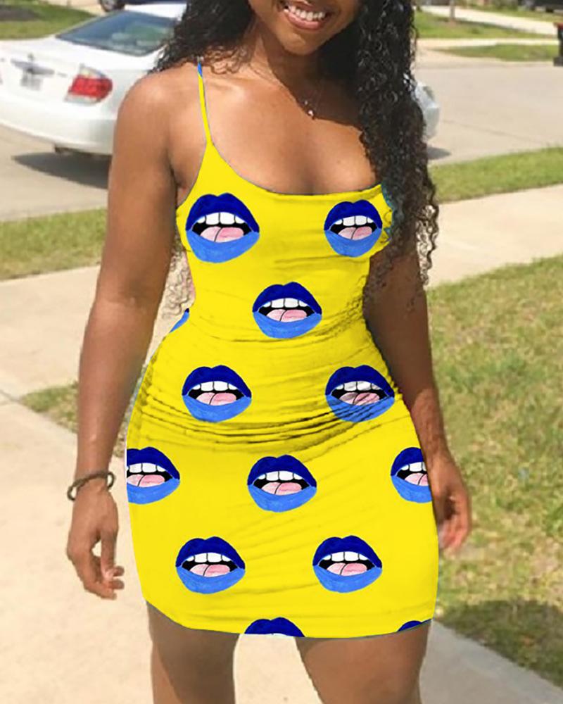 

Spaghetti Strap Print Bodycon Dress, Yellow