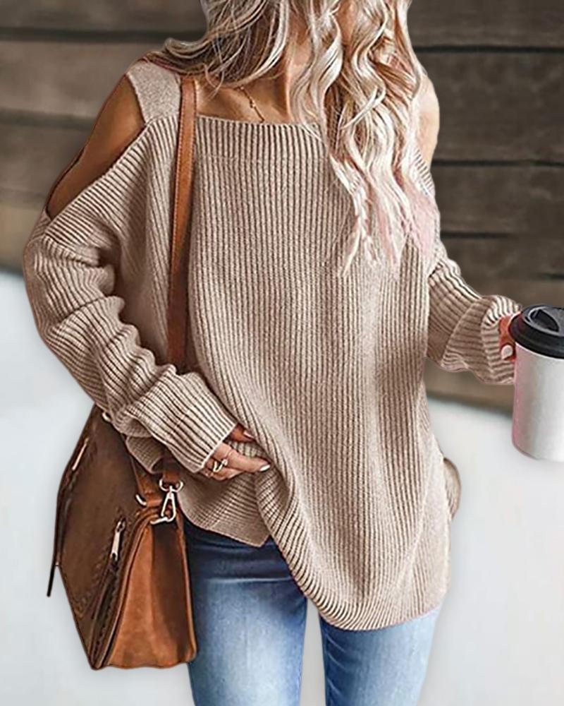 

Cold Shoulder Solid Slit Knit Sweater, Khaki