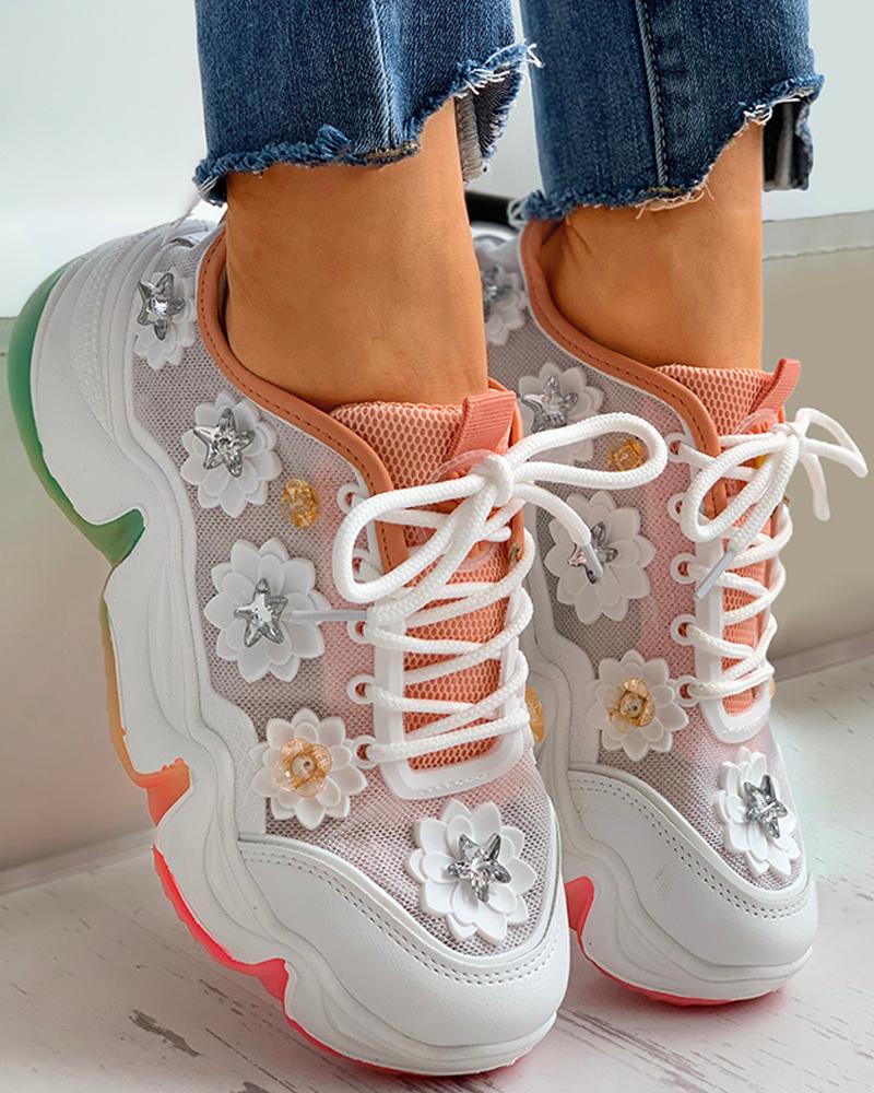 

Floral Pattern Rhinestone Mesh Lace-up Sneaker, White