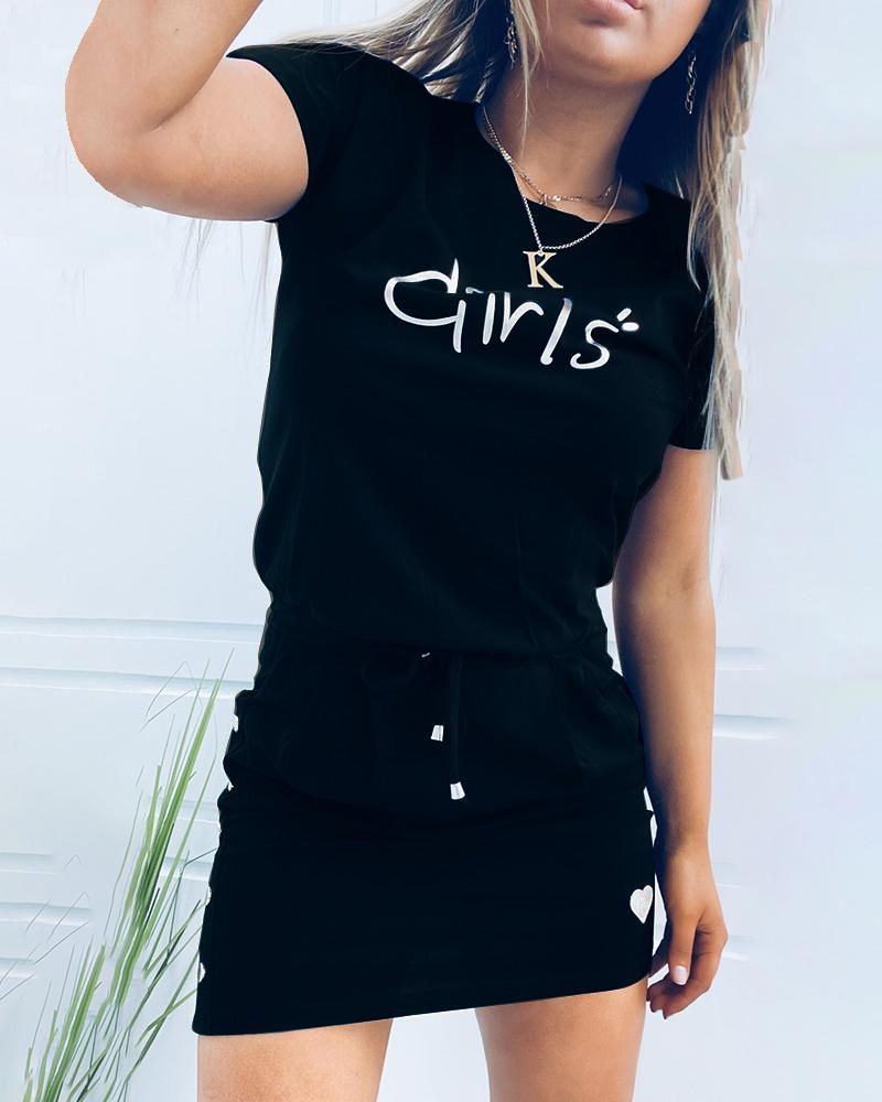 

Letter Print Drawstring Casual Dress, Black
