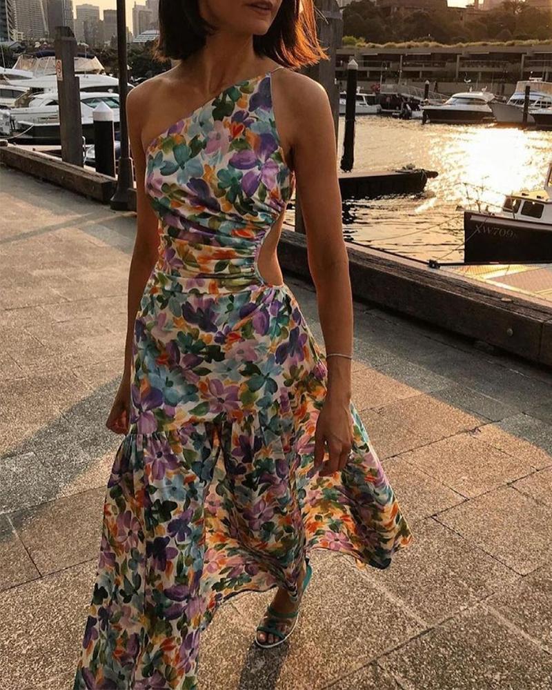 

Floral Print Strap Cut-out Midi Dress, Multicolor