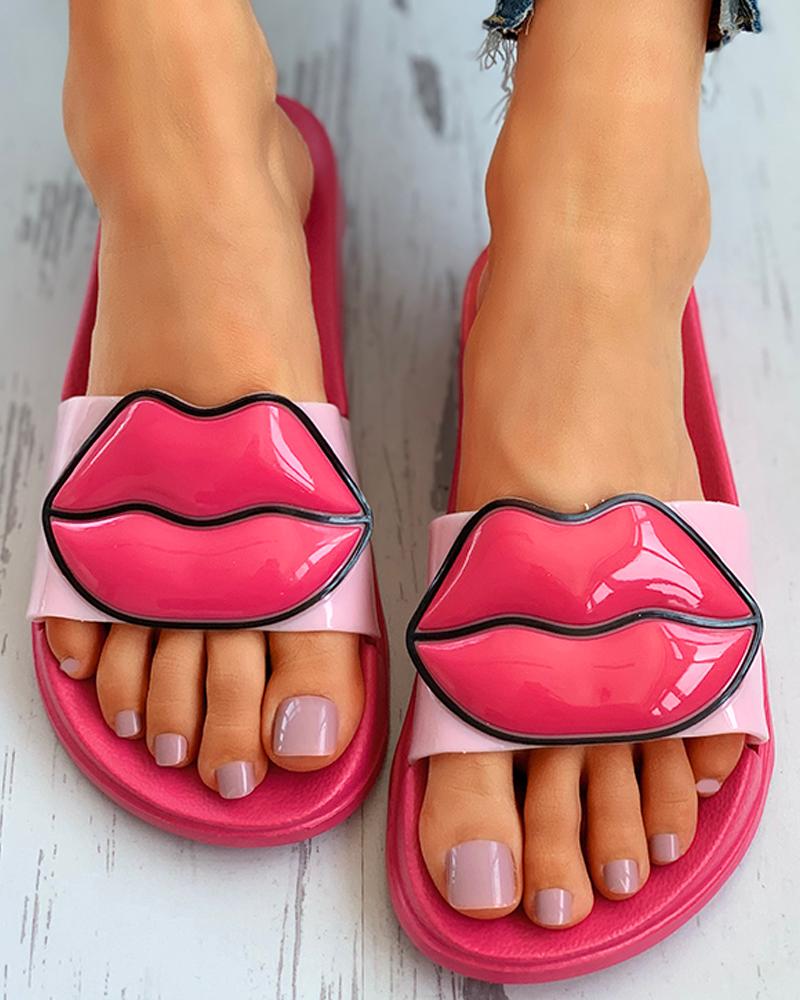 

Open Toe Lip Pattern Flat Sandals, Pink