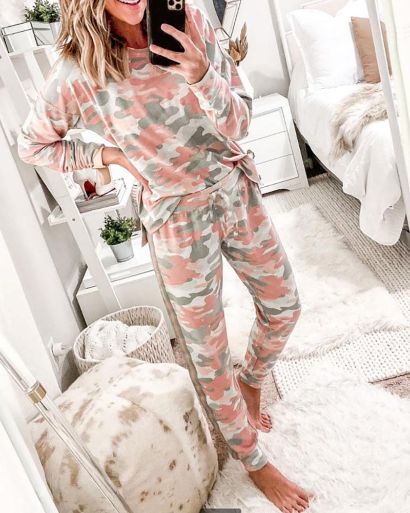 

Camouflage Print Long Sleeve Top & Pants Set, Pink