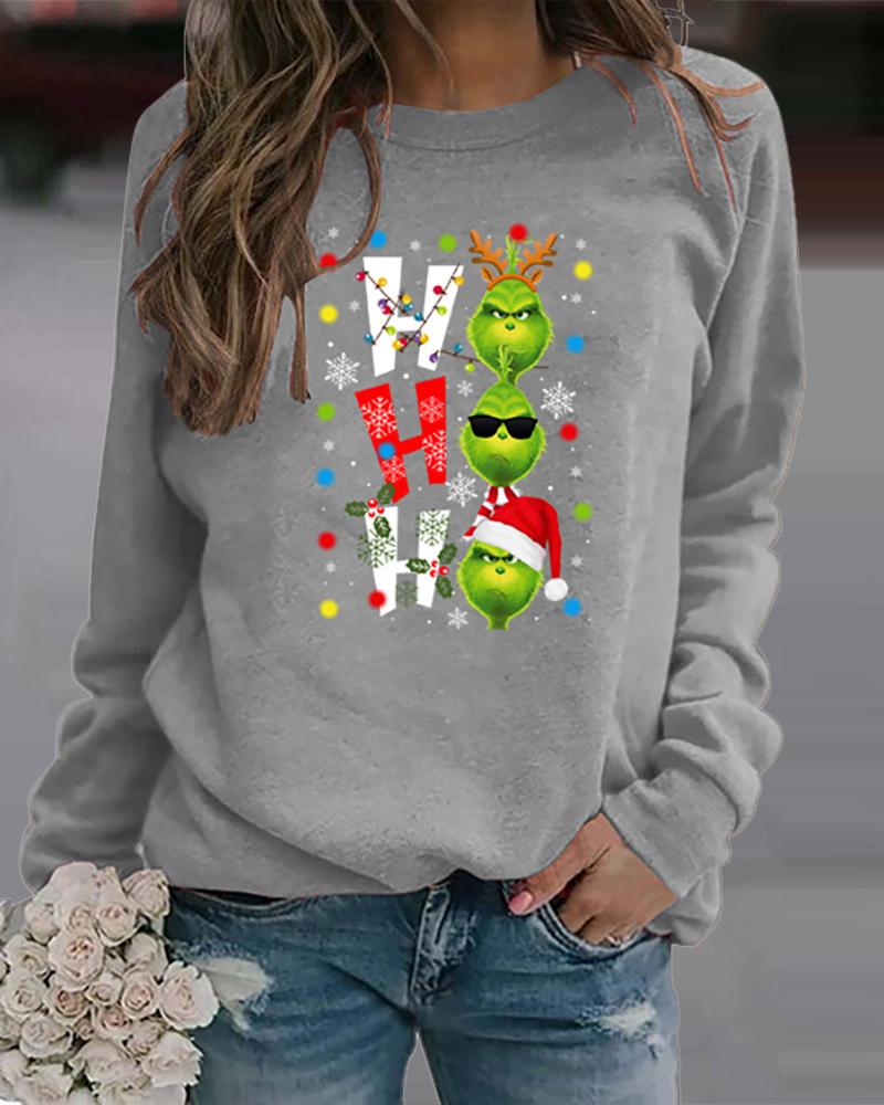 

Christmas Letter Cartoon Print Long Sleeve Top, Gray