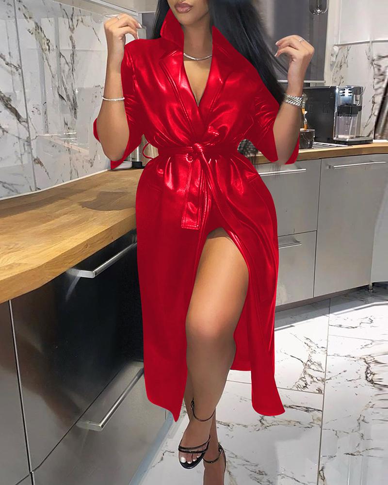 

Plain Long Sleeve PU Leather Longline Coat, Red