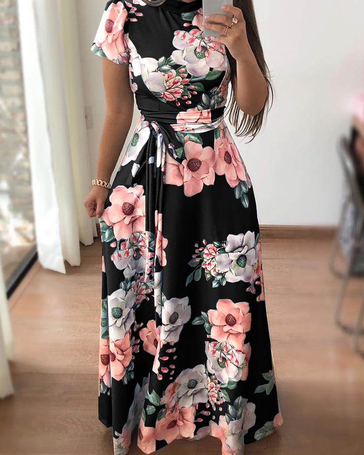 floral print short sleeve tie waist maxi dress