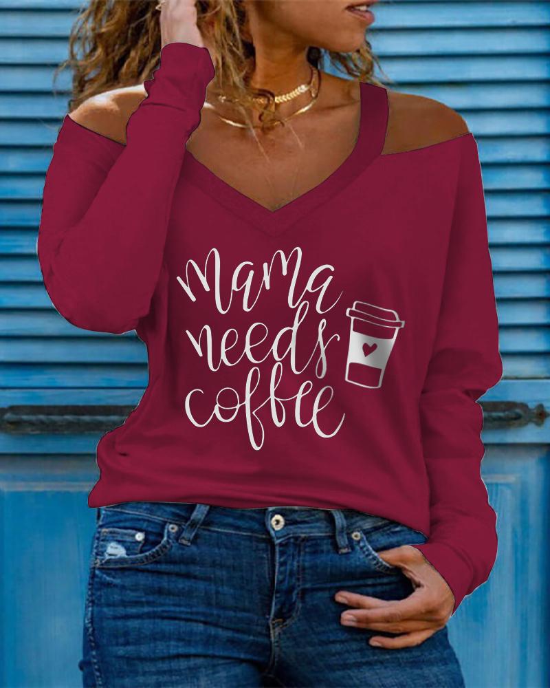 

Mother' Day Gift Cold Shoulder Letter Print Long Sleeve Top, Wine red