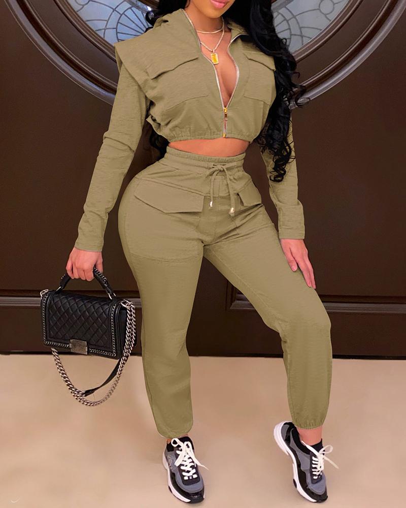 

Zipper Design Long Sleeve Hooded Crop Top & Drawstring Pants Set, Green