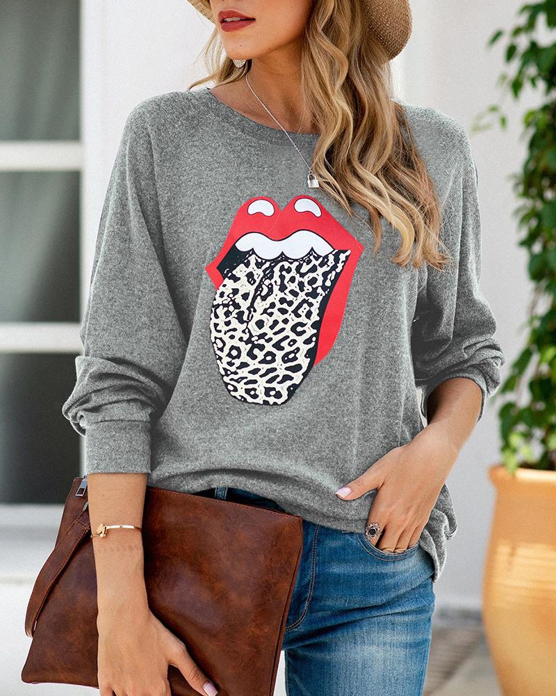 

Cheetah Lip Print Long Sleeve Top, Gray
