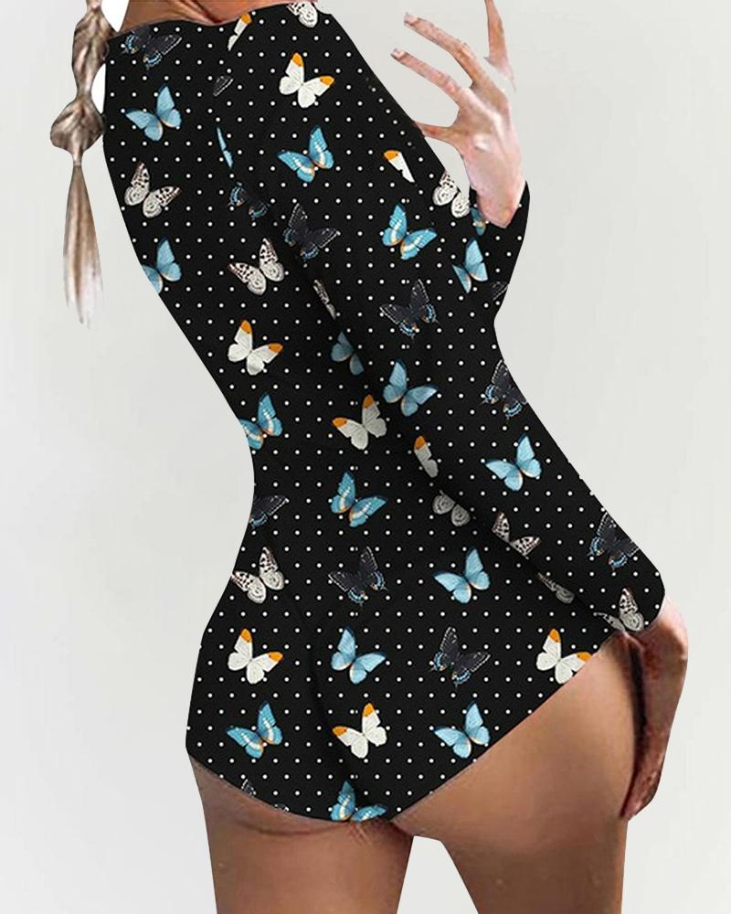 

Multicolor Butterfly Print Long Sleeve Skinny Rompers, Black