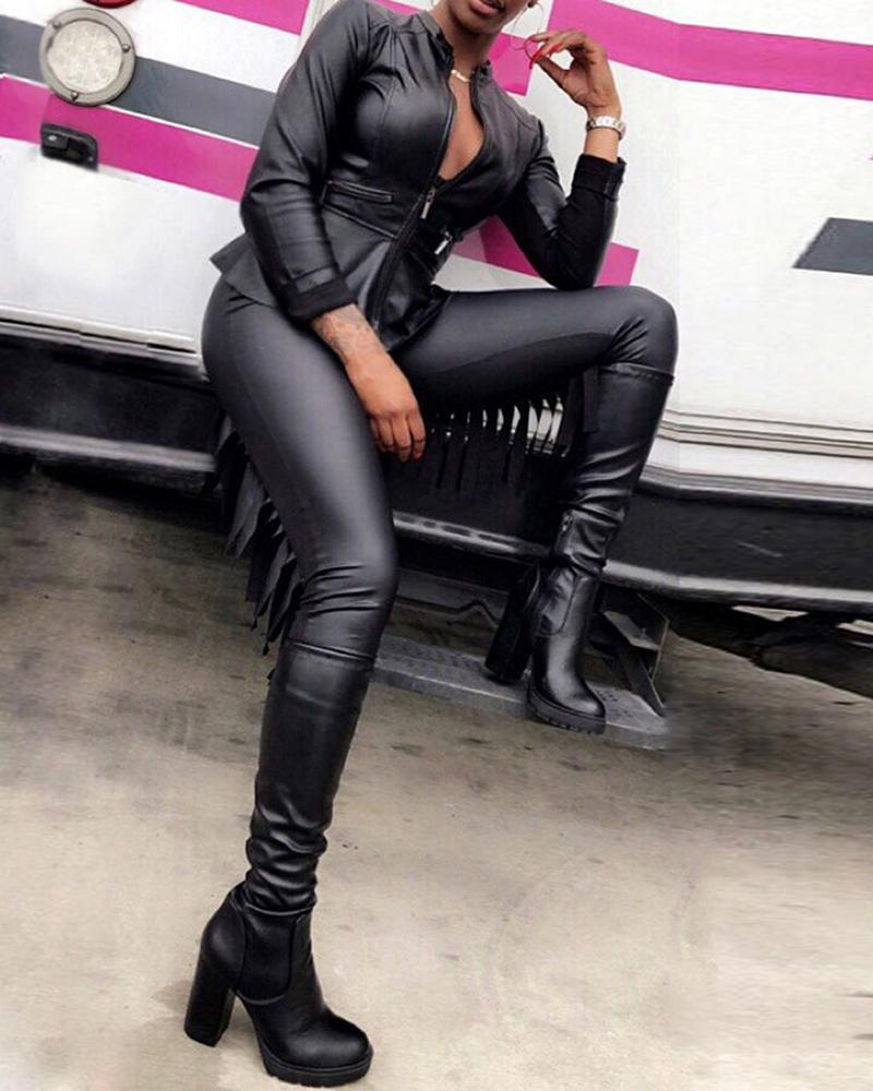 

PU Zipper Design Jacket & Tassel Design Pants Set, Black