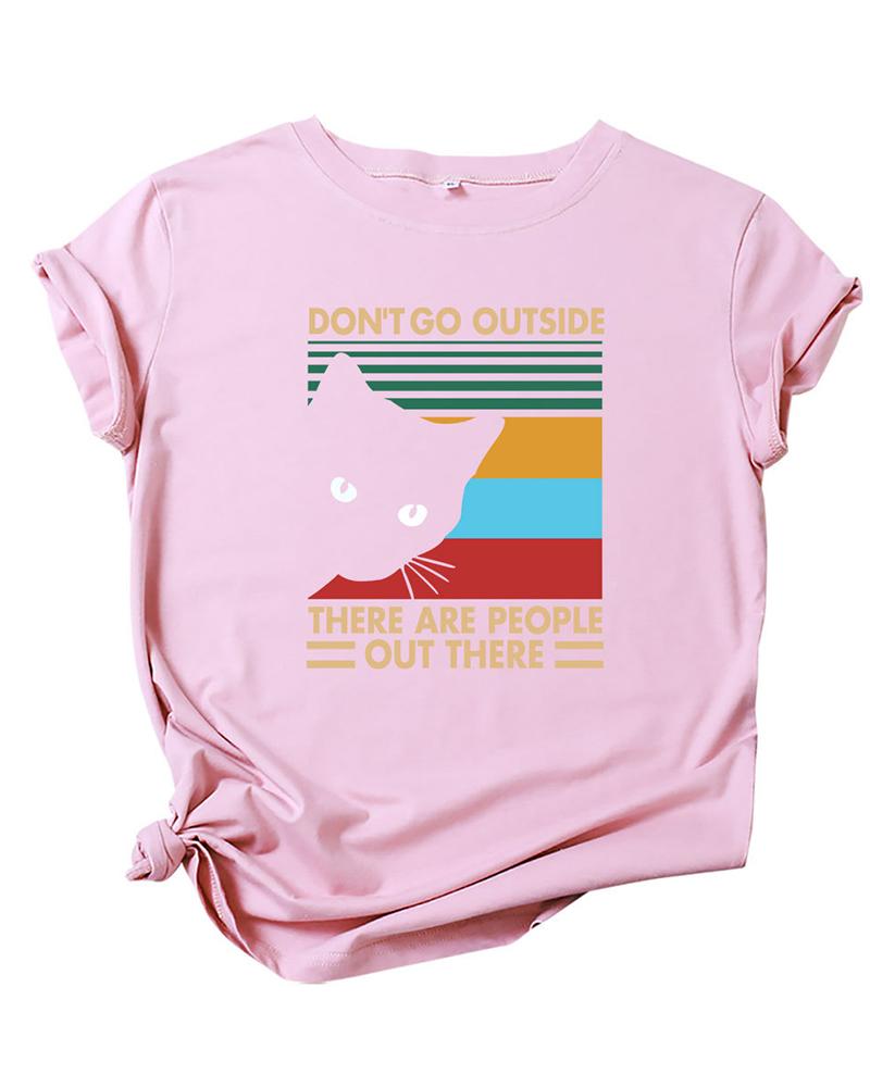

Letter Cat Print Casual T-shirt, Pink