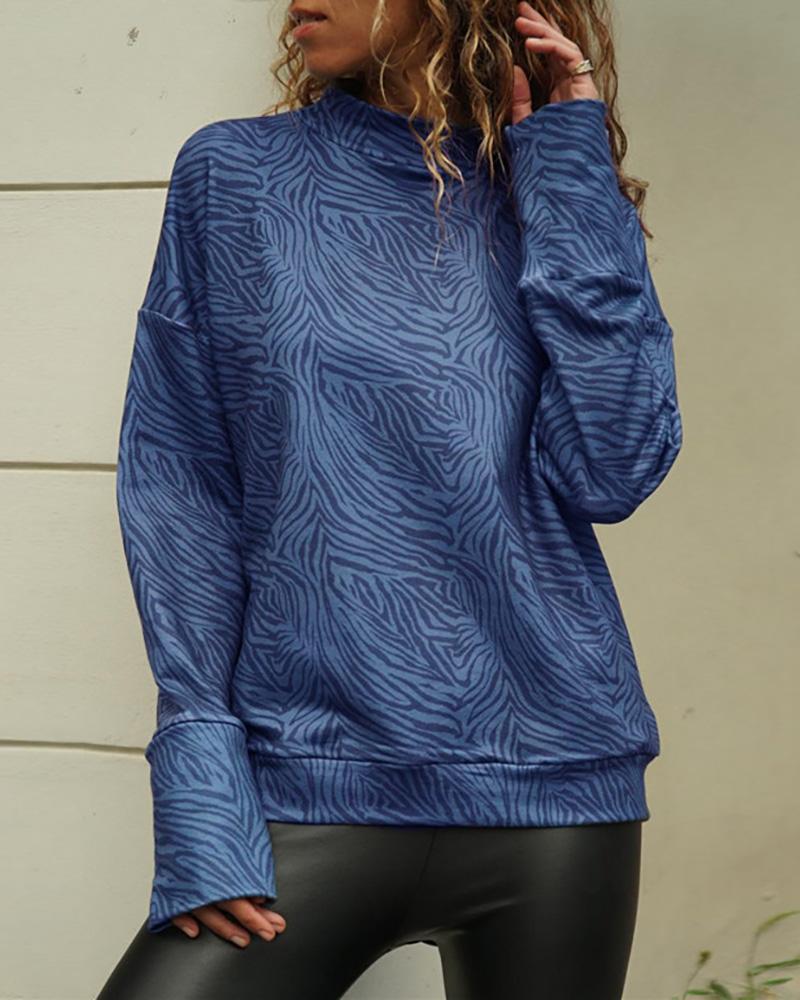 

Mock Neck Zebra Print Long Sleeve Blouse, Blue