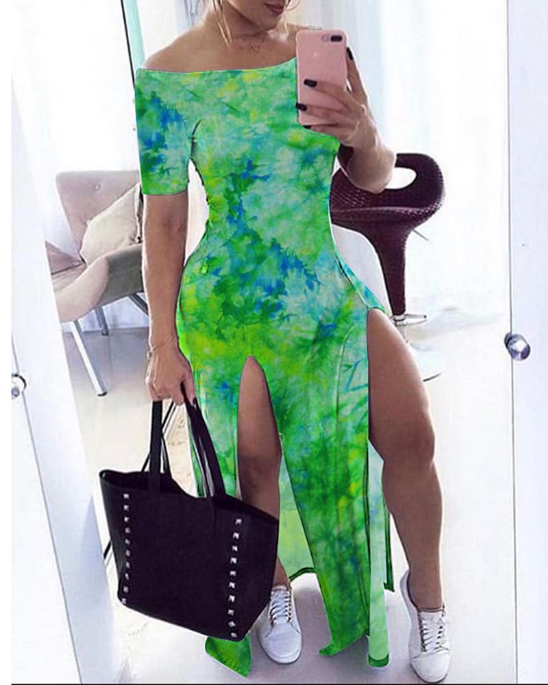

Off Shoulder Tie Dye Print Slit Maxi Dress, Green