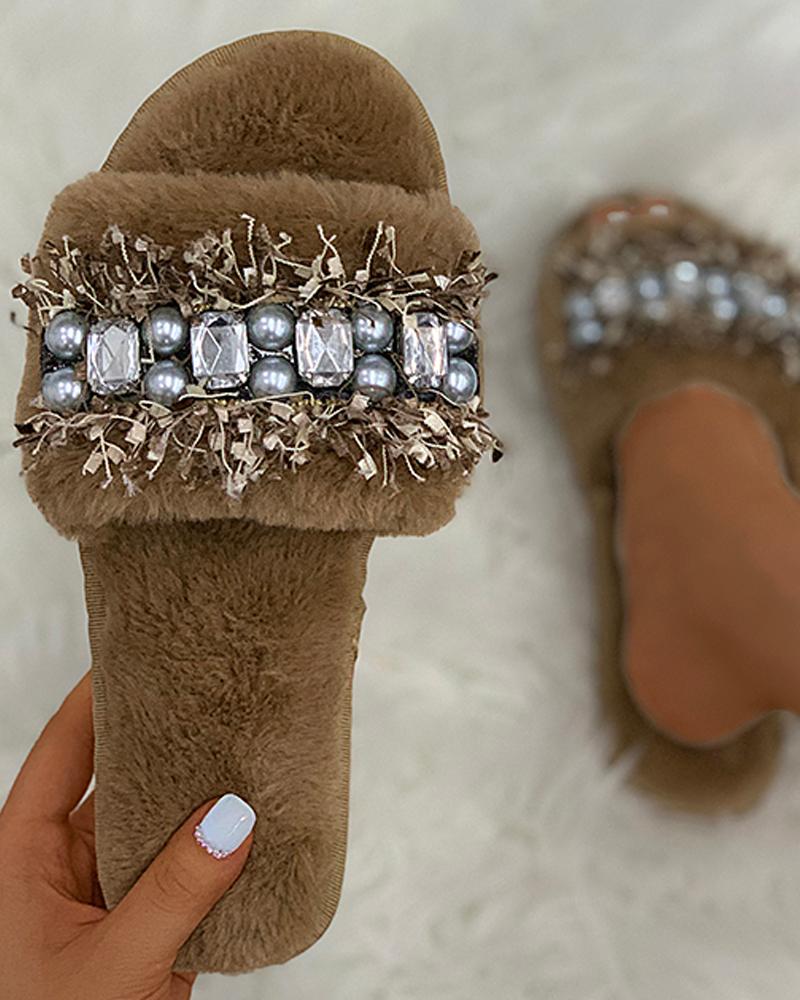 

Beaded Rhinestone Tassel Design Fluffy Slippers, Coffee