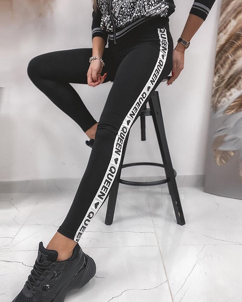 

Letter Heart Print Strap High Waist Casual Pants, Black