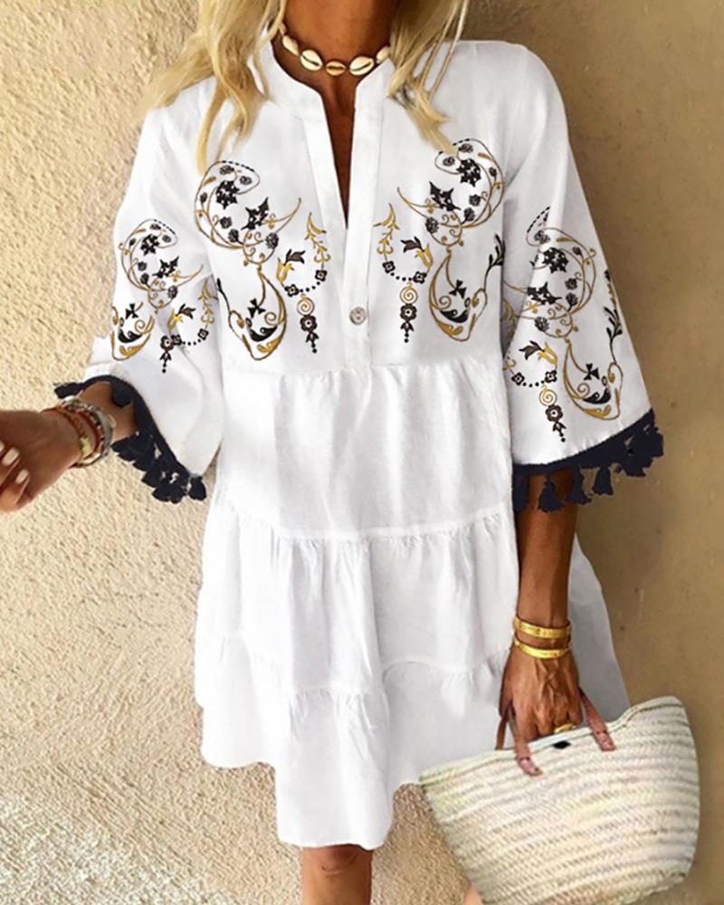 

Retro Print Tassel Design Casual Dress, White