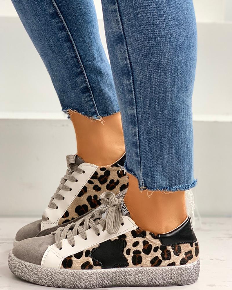 

Cheetah Pattern Lace-up Casual Sneakers, Leopard