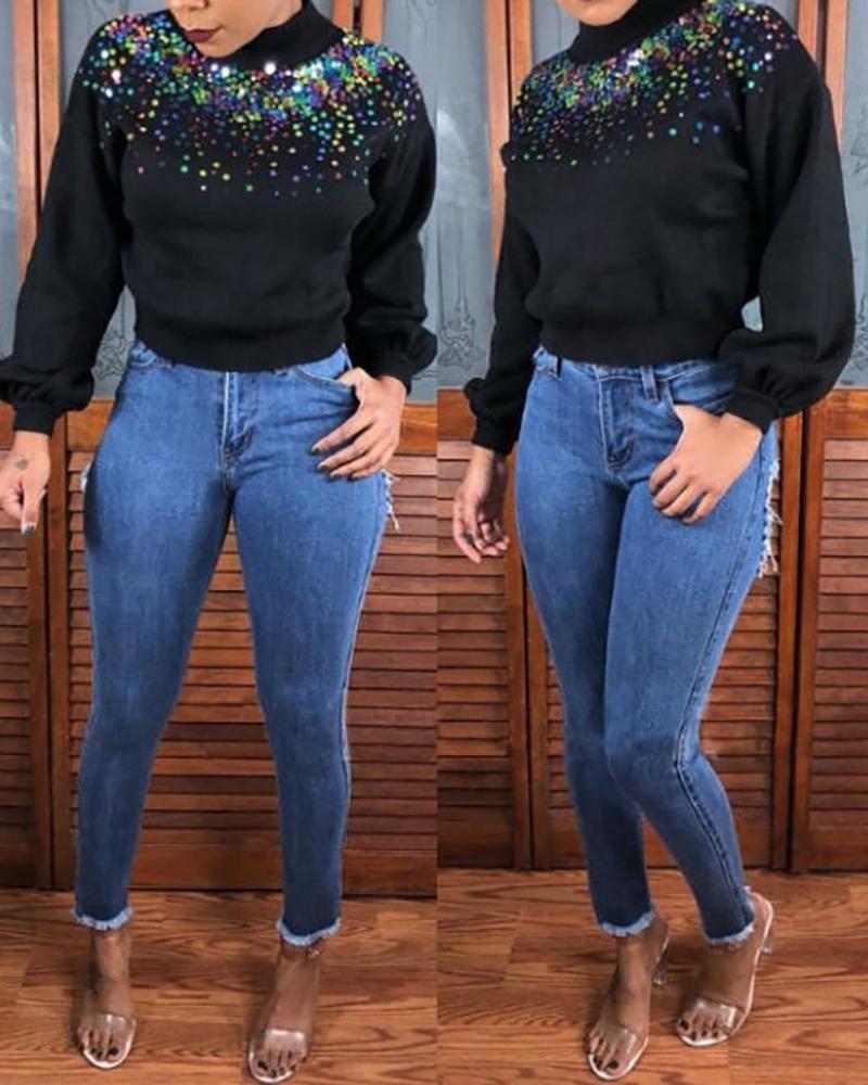 

Studded Colorblock Long Sleeve Top, Black