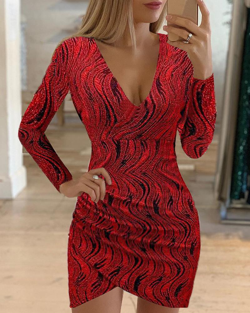 

Colorblock Wrap Long Sleeve Bodycon Women Dress, Red