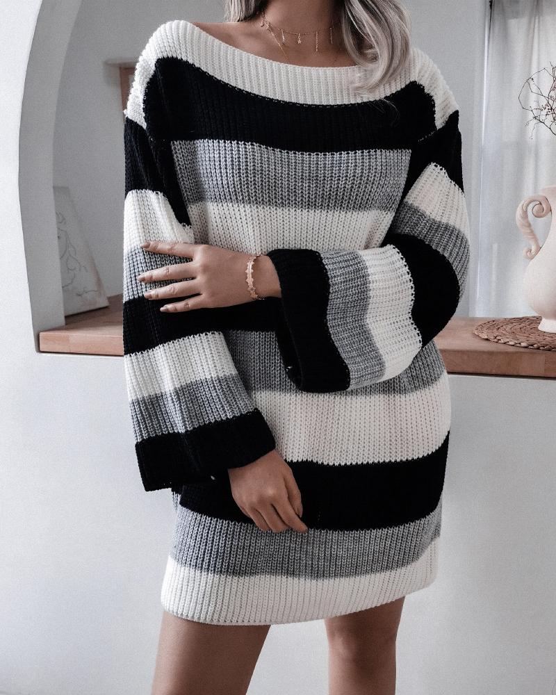 

Striped Colorblock Knit Sweater Dress, Black