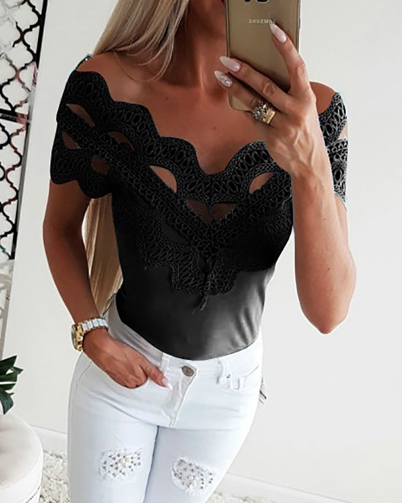 

Hollow Out Off Shoulder Lace Top, Black