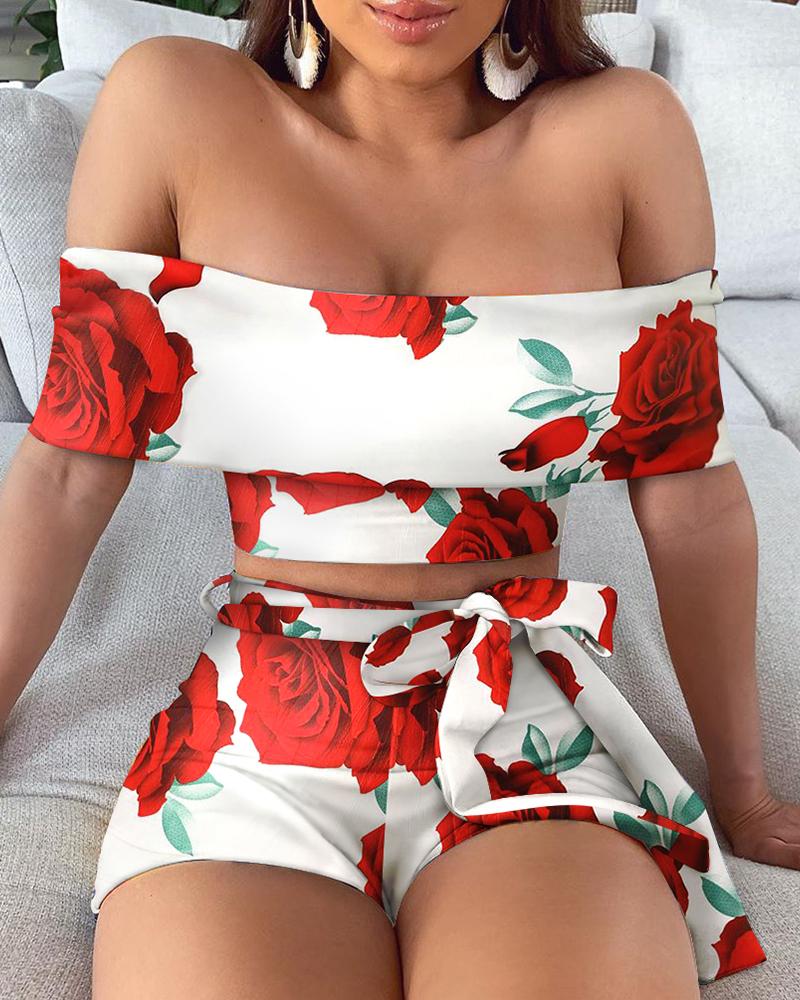 

Floral Print Off Shoulder Top & Short Sets, Red