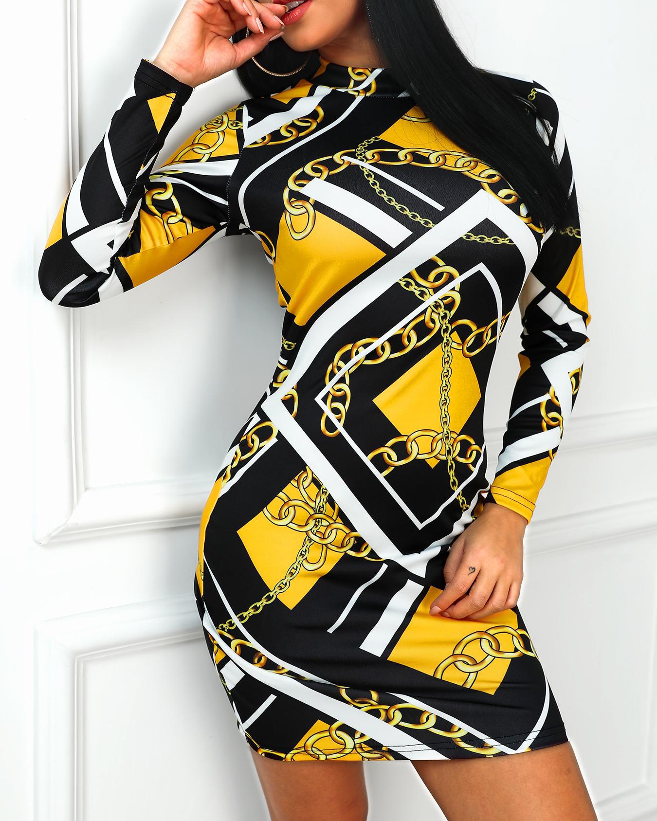 

Geo & Chains Long Sleeve Bodycon Women Dress, Gold