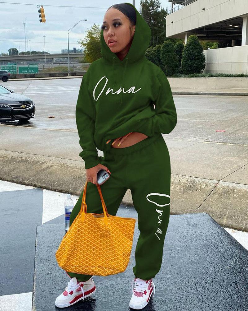 

Letter Print Hooded Top & Pants Set, Green