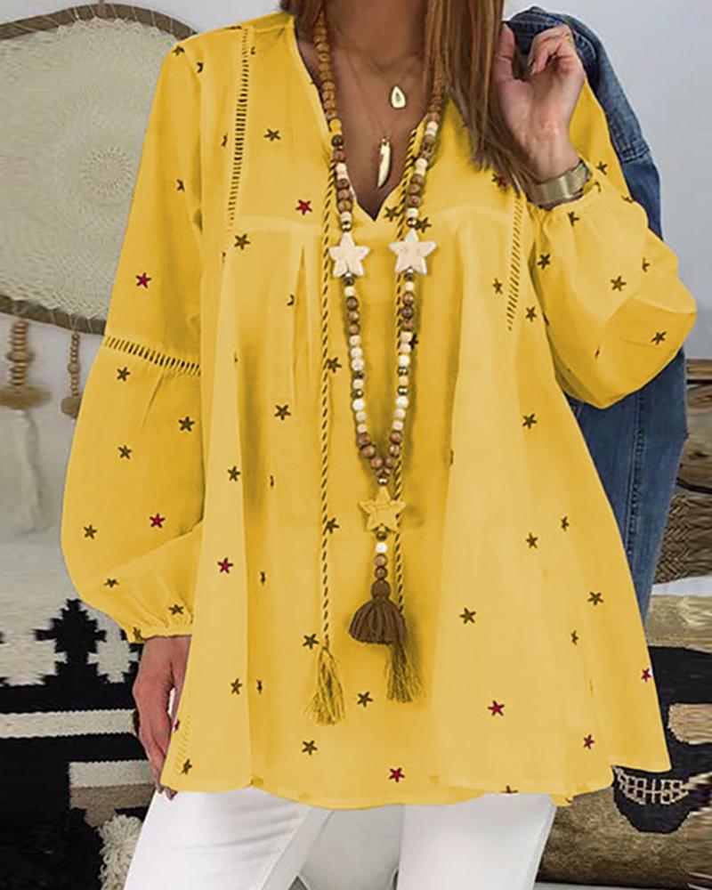 

Star Print Hollow-out Lantern Sleeve Top, Yellow