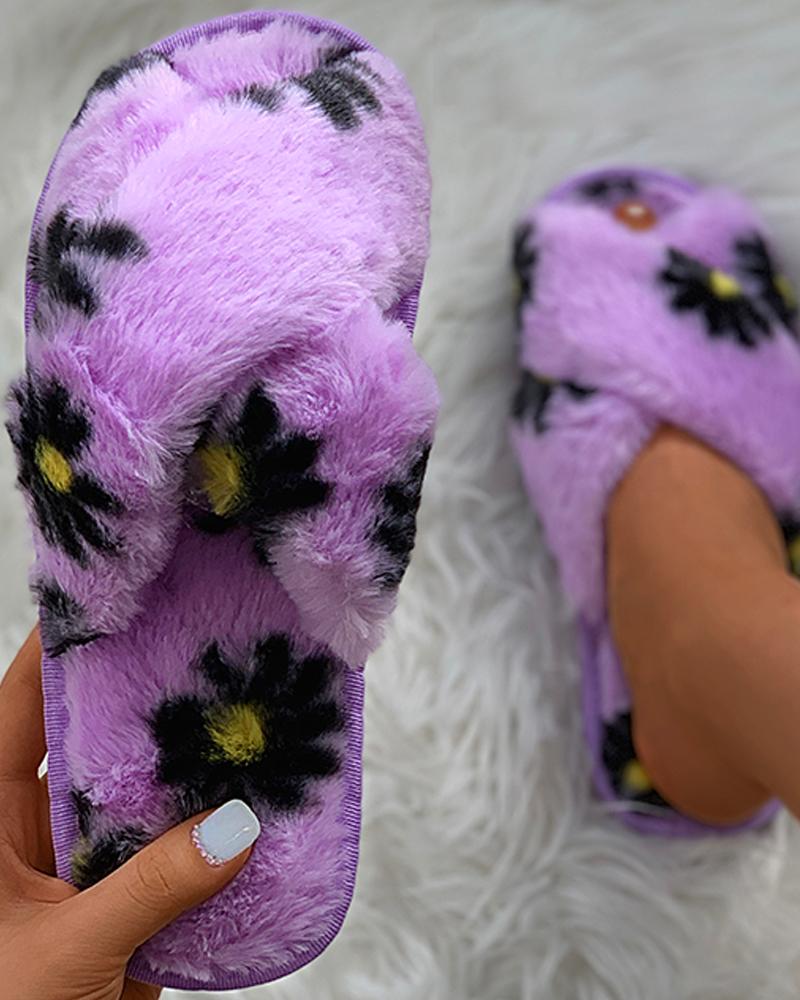 

Floral Print Cross Fluffy Slippers, Purple