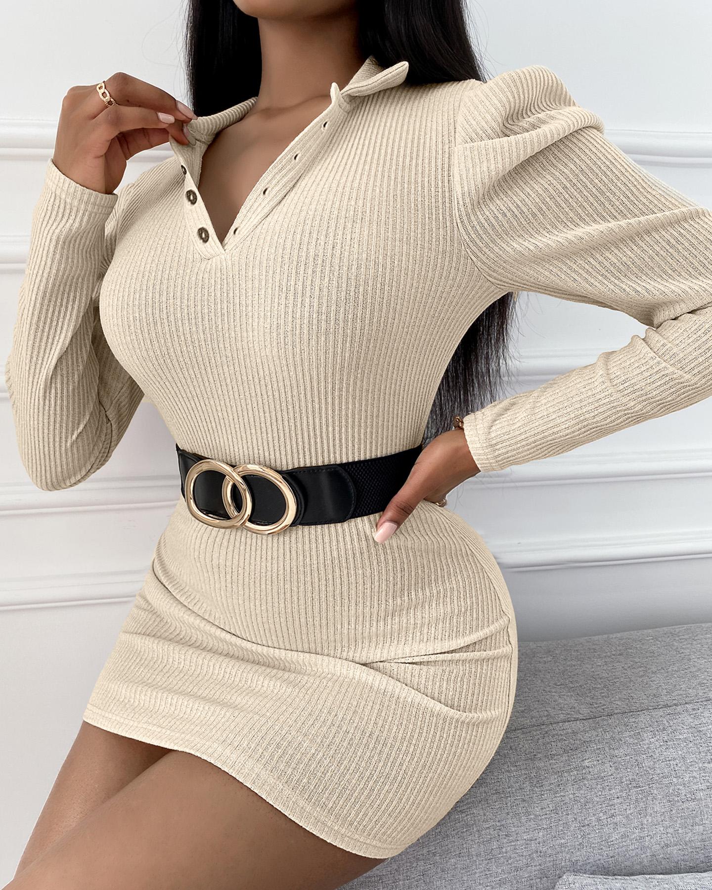 

Puff Sleeve Ribbed Buttoned Bodycon Dress, White